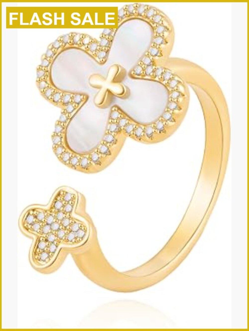 Four Leaf Clover Ring Adjustable Open Band 18K Gold Plated Cubic Zirconia